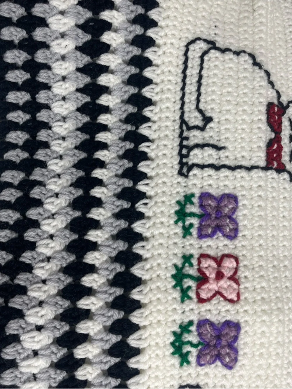 Granny Handmade Crochet Blanket White, Black and Gray Embroidered White Cat